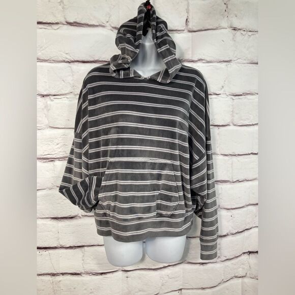 American Eagle Outfitters Tops - American Eagle Gray and White Striped Velour Hoodie SZ M Kangaroo Pocket